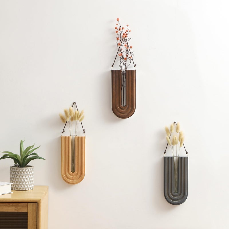 GRID FORTE Wood Wall Planter محطة نشر داخلية، مزهرية خشبية معلقة للزهور المجففة وحامل نباتات الحائط Boho Wall D؟cor لغرفة المعيشة على شكل قوس قزح (مجموعة من 3) - Image 2